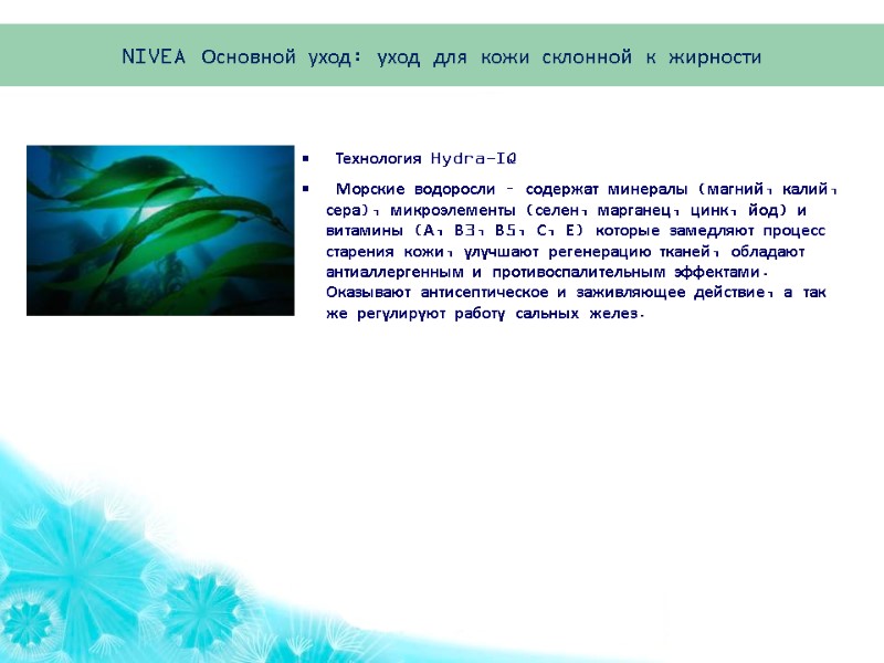 Технология Hydra-IQ  Морские водоросли – содержат минералы (магний, калий, сера), микроэлементы (селен, марганец,